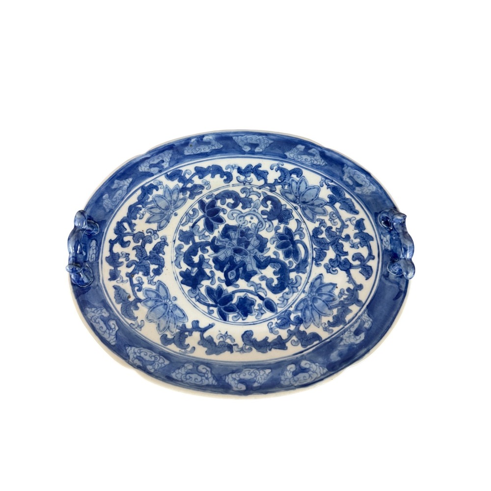 Vintage Blue and White Ceramic Floral Chinoiserie Handled Tray 12" x 9"